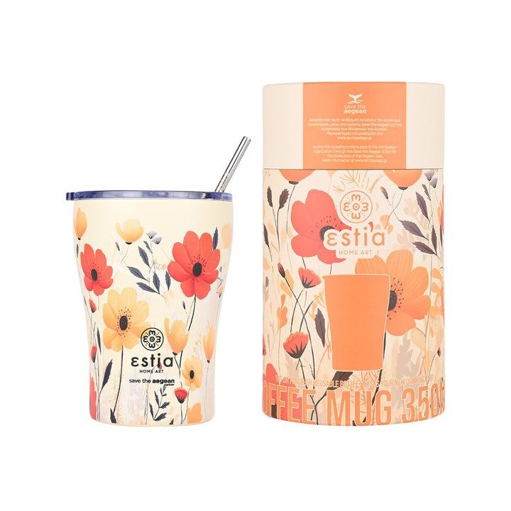 Σετ με το ποτήρι θερμός 350ml με floral σχέδιο και την κυλινδρική συσκευασία του, σε ουδέτερο φόντο.