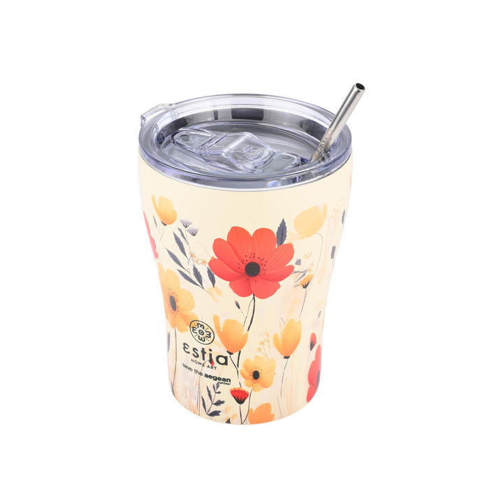 Ποτήρι θερμός 350ml με floral σχέδιο σε αποχρώσεις πορτοκαλί και μπεζ, καπάκι διάφανο και ανοξείδωτο καλαμάκι, σε ουδέτερο φόντο.