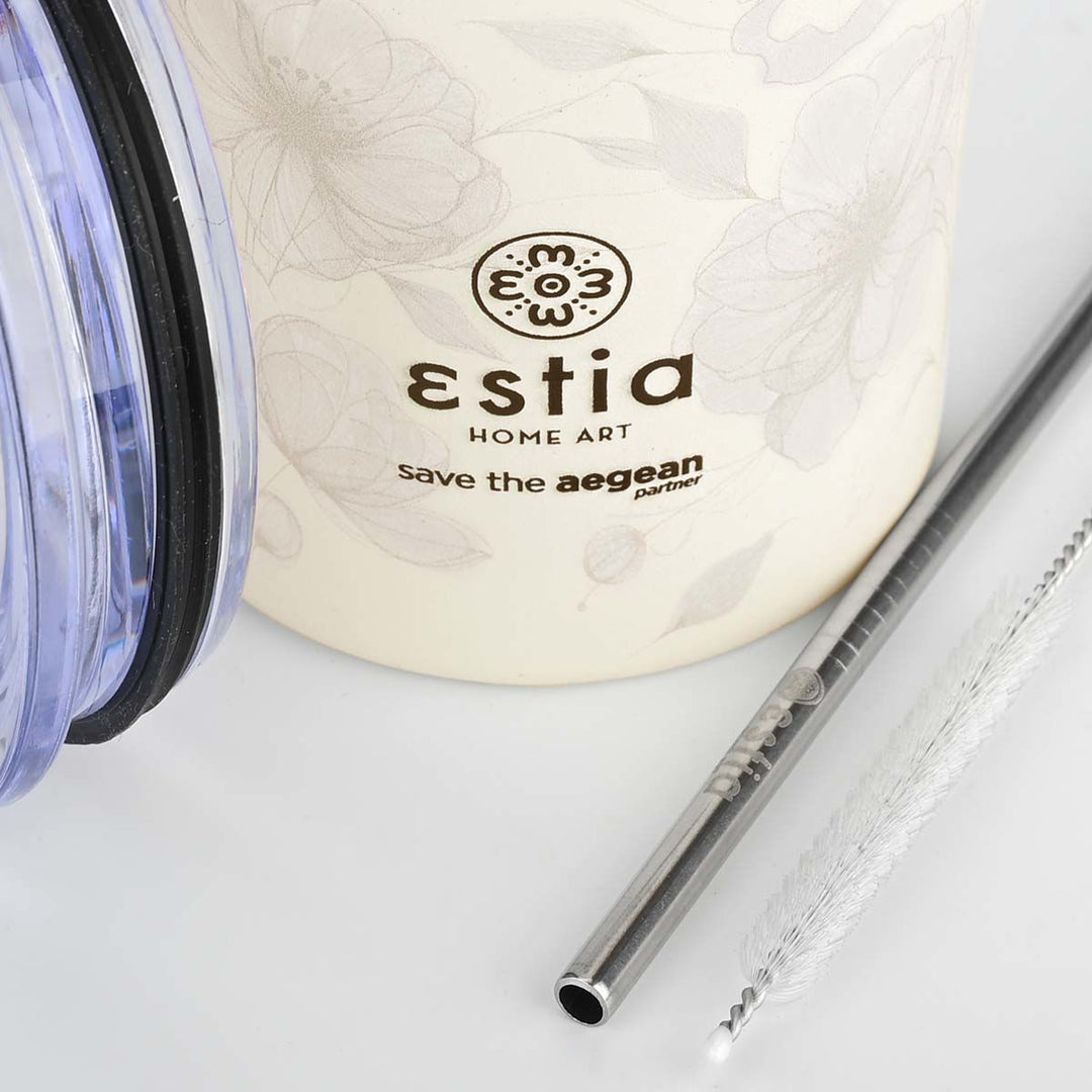 Estia Ποτήρι Θερμός  Save The Aegean 350ml Εκρού Φλοράλ Terra Serenity Coffee Mug