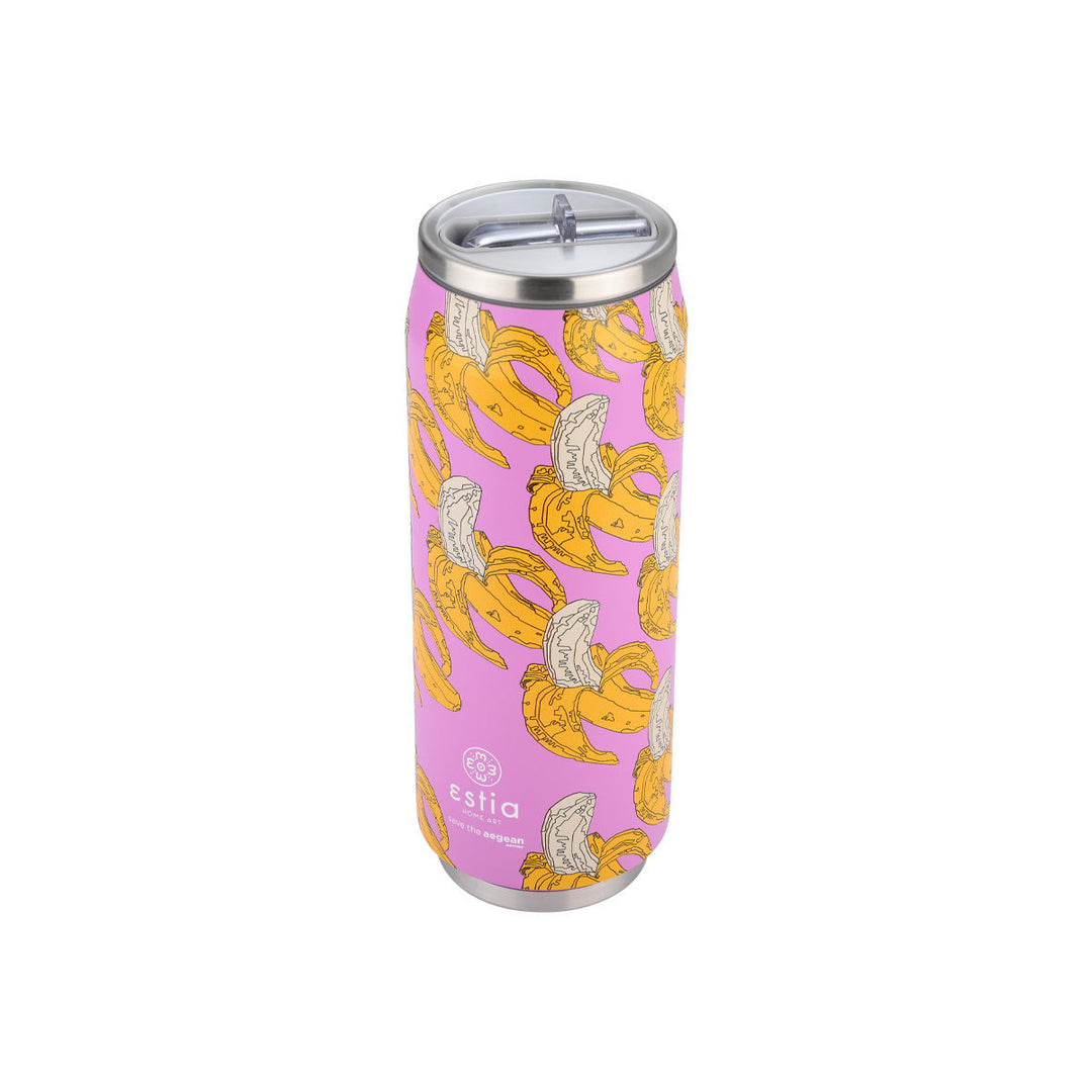 Θερμός Estia Home Art Travel Cup 500ml Banana Swirl με ροζ φόντο και μοτίβο κίτρινης μπανάνας, σε μεταλλική βάση inox.