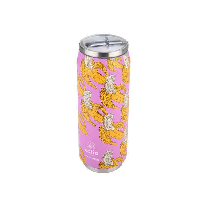Θερμός Estia Home Art Travel Cup 500ml Banana Swirl με ροζ φόντο και μοτίβο κίτρινης μπανάνας, σε μεταλλική βάση inox.