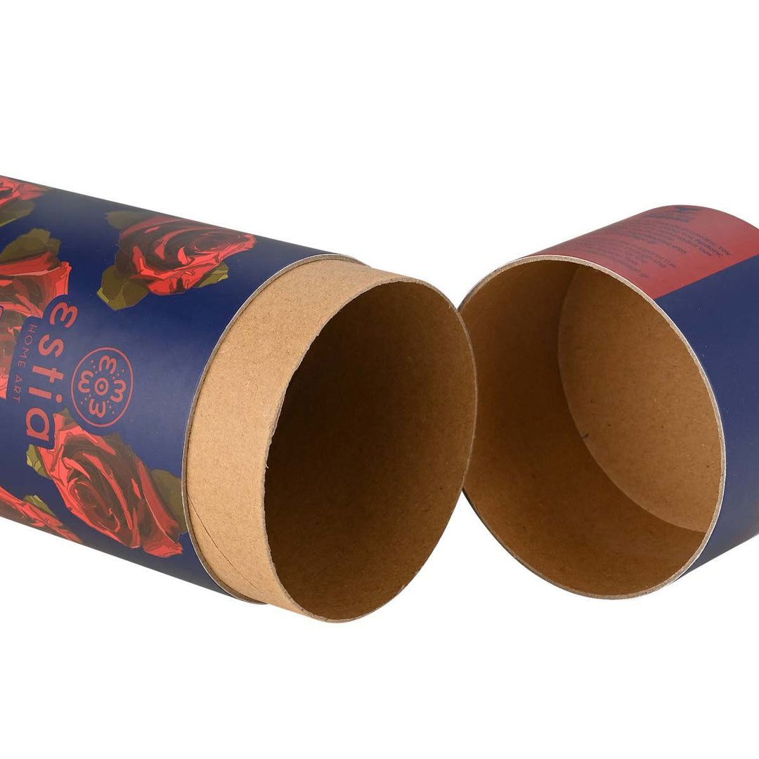 Κυλινδρική συσκευασία από χαρτόνι της Estia Home Art με σχέδιο κόκκινα τριαντάφυλλα και μπλε φόντο, φωτογραφημένη ανοιχτή.