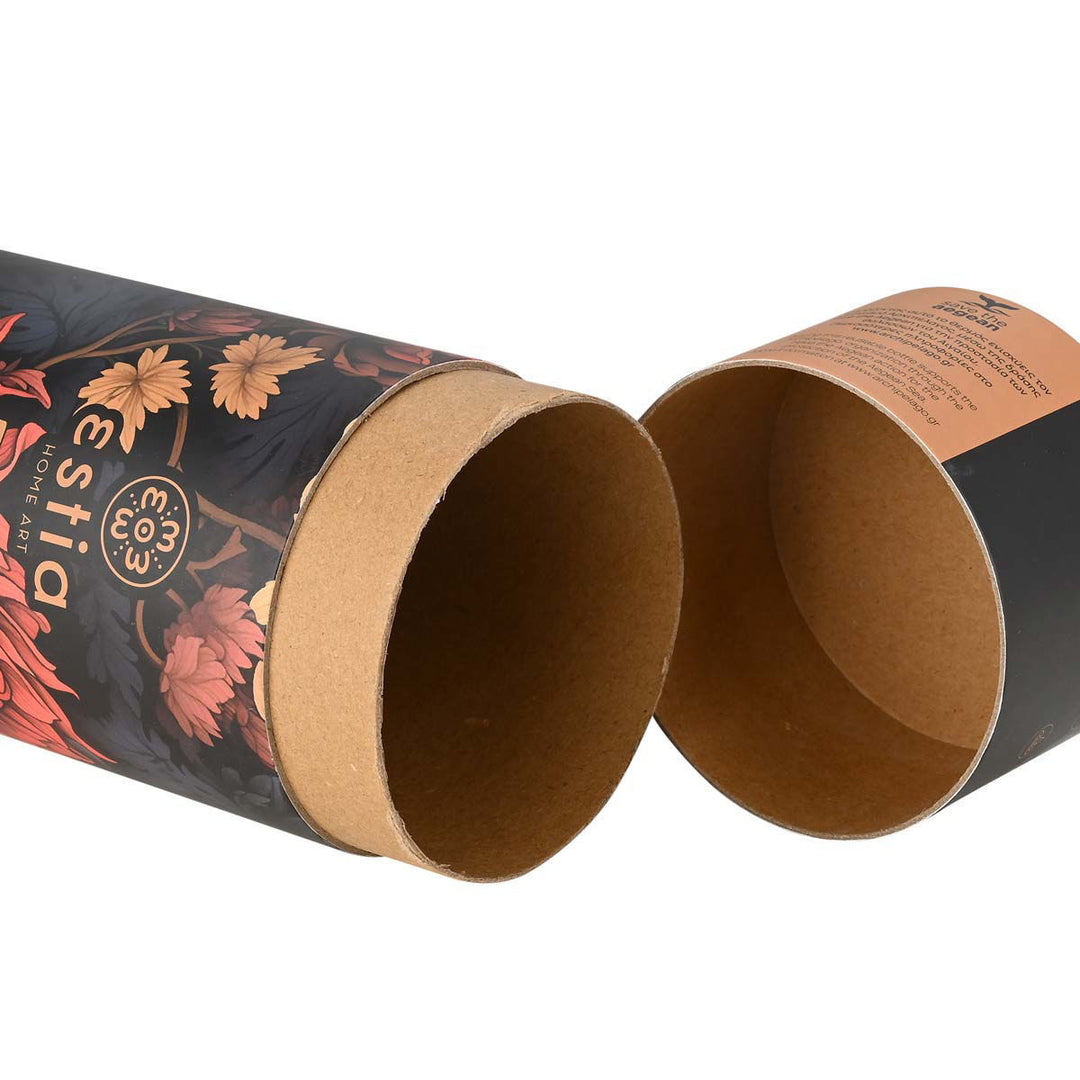 Ανοιχτή κυλινδρική συσκευασία Estia Home Art με floral σχέδιο σε αποχρώσεις μαύρου και κόκκινου, για το θερμός Midnight Blossom.