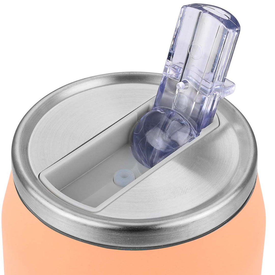 Λεπτομέρεια καπακιού του θερμός Estia Home Art Peach Fuzz με διάφανη αναδιπλούμενη βαλβίδα και μεταλλικό τελείωμα, φωτογραφημένος σε λευκό φόντο.