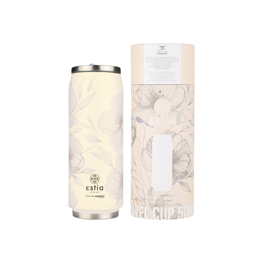 Estia Ποτήρι Θερμός Με Καλαμάκι Save The Aegean 500ml Εκρού Φλοράλ Terra Serenity Travel Cup