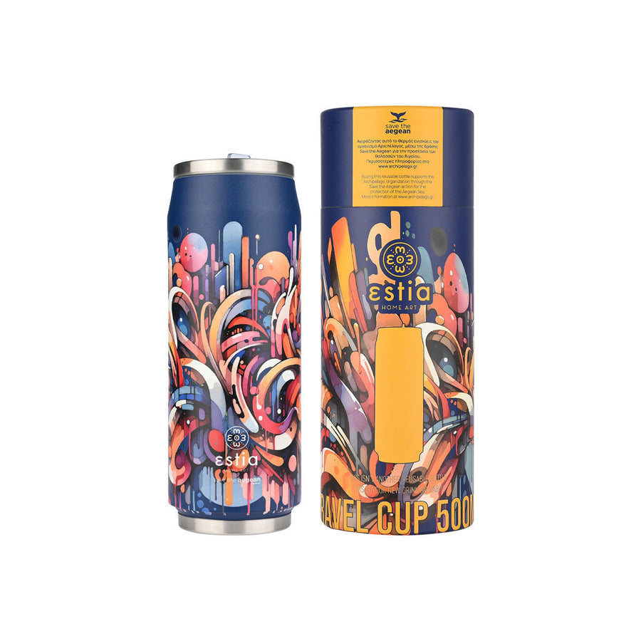 Estia Ποτήρι Θερμός Με Καλαμάκι Save The Aegean 500ml Μπλε Με Πολύχρωμα Σχέδια Vibrant Vortex Travel Cup