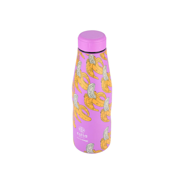 Παγούρι Estia σε λιλά χρώμα με ζωηρό μοτίβο από μπανανές, φωτογραφημένο σε λευκό φόντο