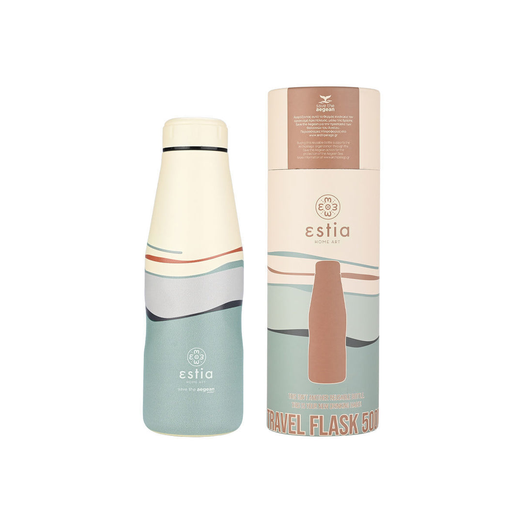 Παγούρι Estia Ecozen Horizon και συσκευασία με pastel wavy pattern σε μπεζ, γαλάζιο, γκρι και σάπιο μήλο τόνους.