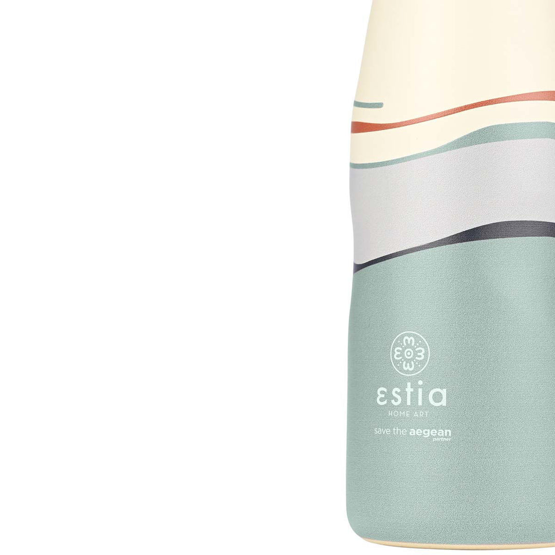 Λεπτομέρεια παγουριού Estia Ecozen Horizon με απαλά κυματιστά χρώματα σε μπεζ, γκρι, σάπιο μήλο και γαλαζοπράσινους τόνους.