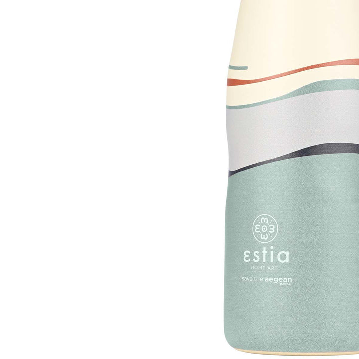 Λεπτομέρεια παγουριού Estia Ecozen Horizon με απαλά κυματιστά χρώματα σε μπεζ, γκρι, σάπιο μήλο και γαλαζοπράσινους τόνους.