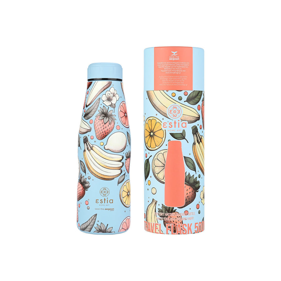 Estia Μπουκάλι Θερμός Save The Aegean 500ml Γαλάζιο Με Φρούτα Subdued Harvest Travel Flask