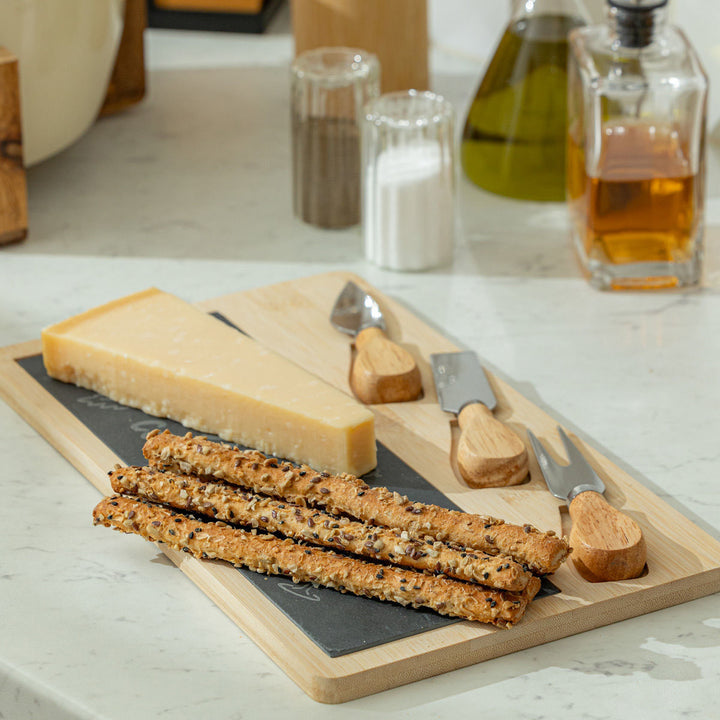 Πλατώ Σερβιρίσματος Σχιστόλιθου Με Ξύλινη Βάση & 3 Μαχαίρια Τυριού Estia 33X19cm