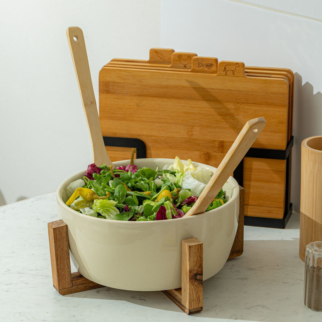 Σαλατιέρα Μπεζ Με Ξύλινη Βάση 28cm Allure Estia