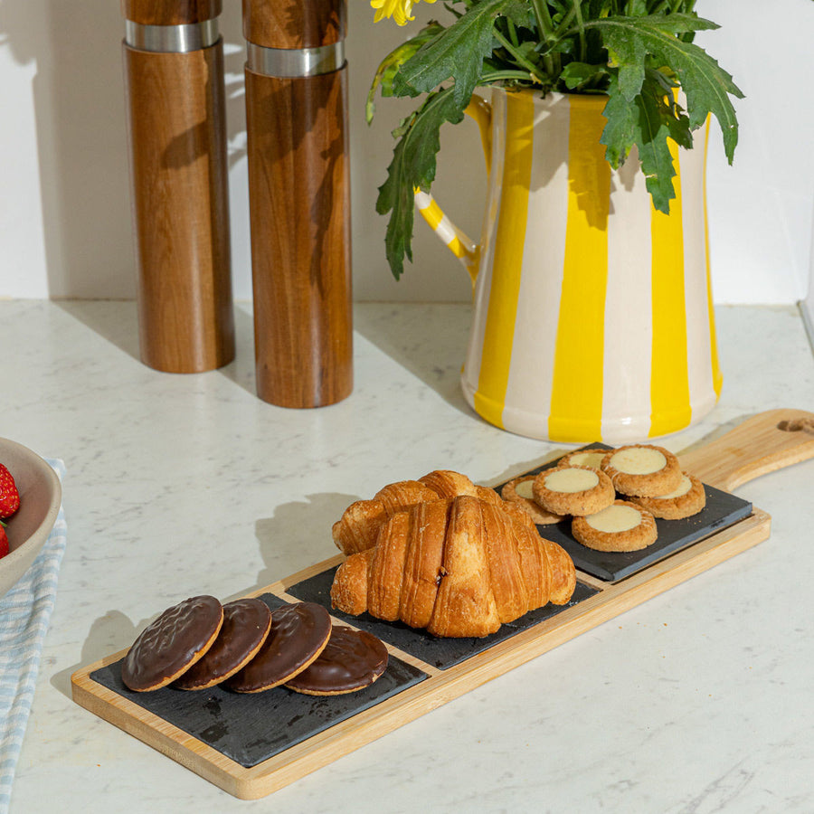 Πλατώ Σερβιρίσματος Σχιστόλιθου  3 Θέσεων Με Ξύλινη Βάση Estia 44Χ12cm