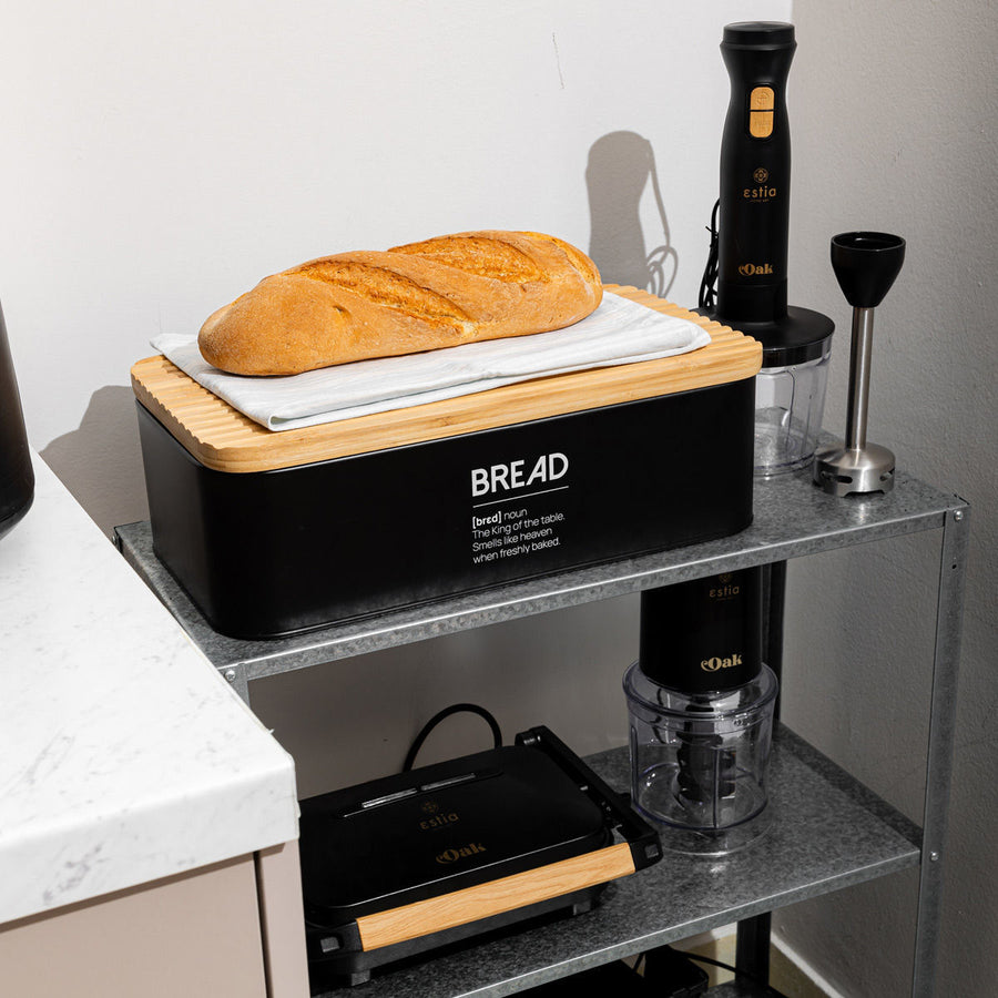 Ψωμιέρα Μεταλλική Μαύρη Με Επιγραφή 'Bread' & Bamboo Καπάκι Estia 42X23X13cm