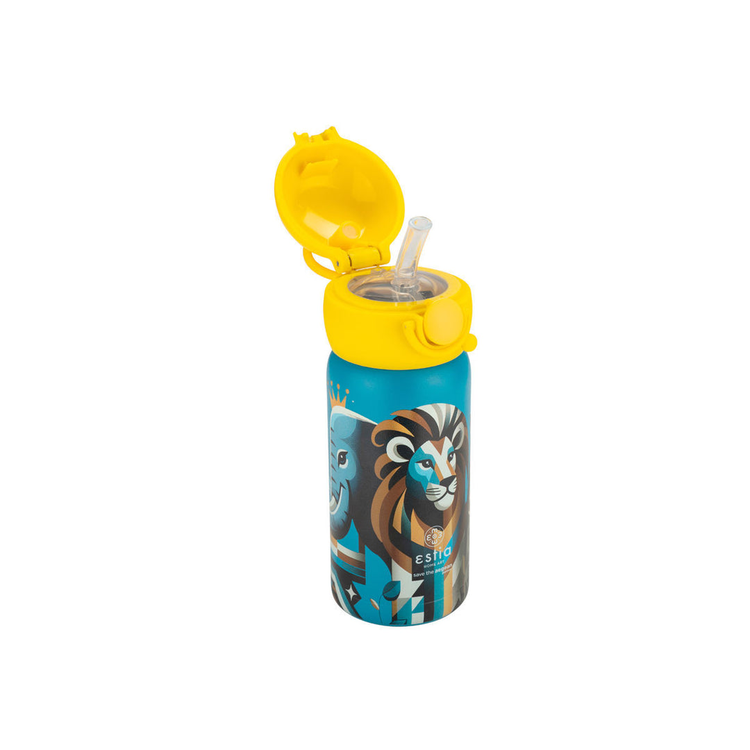 Estia Θερμός Παιδικό Με Καλαμάκι 350ml Πετρόλ Με Σχέδιο Λιοντάρι Jungle