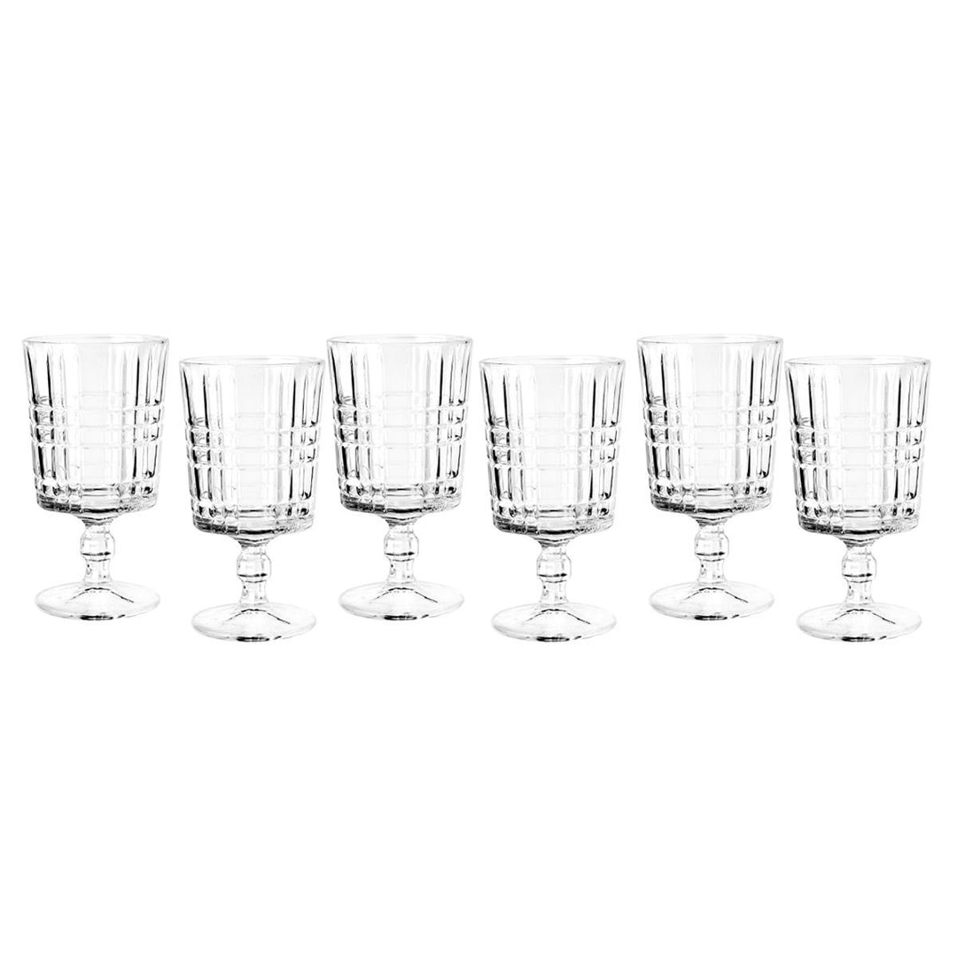 Σετ έξι ποτηριών Chester από διαφανές γυαλί, τοποθετημένα σε σειρά σε λευκό φόντο.