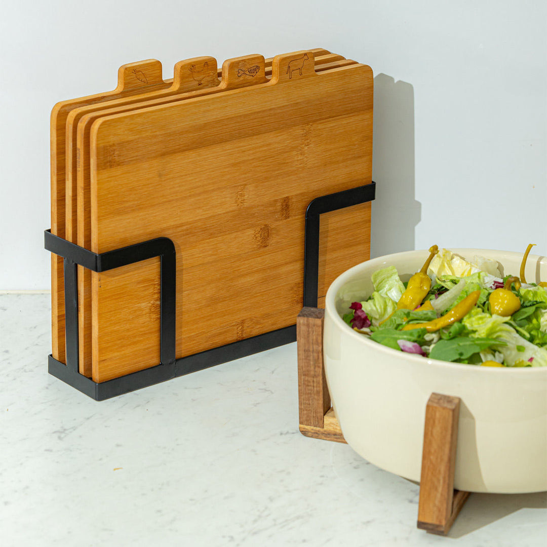 Ξύλα Κοπής Σετ 4τμχ Με Μεταλλική Βάση Bamboo Essentials Estia 28,5x7cm