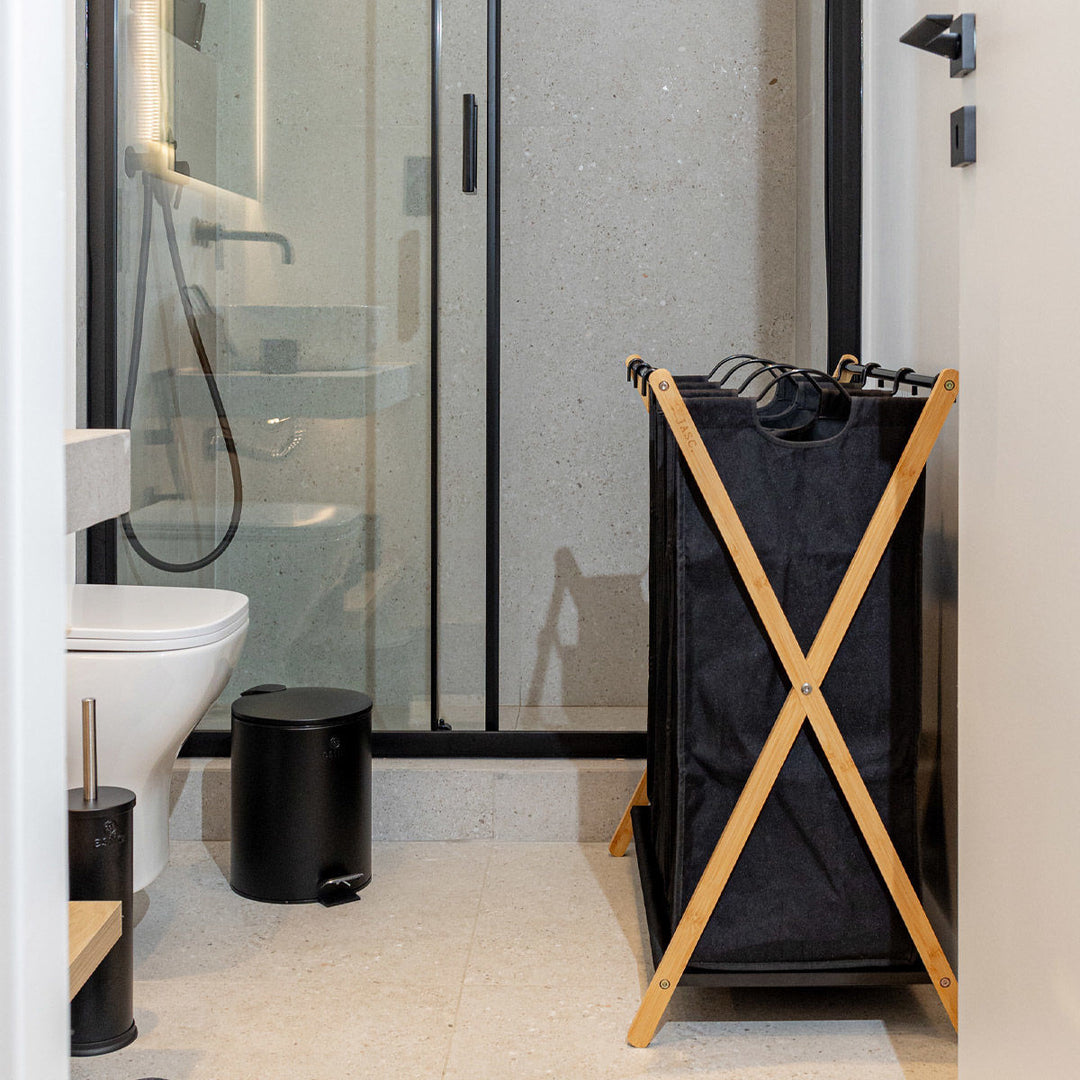 Καλάθι Απλύτων Μαύρο 102lt 3 Θέσεων 68x40x76cm Bamboo Essentials Estia