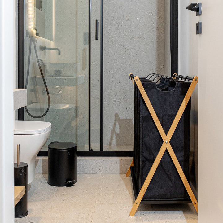 Καλάθι Απλύτων Μαύρο 102lt 3 Θέσεων 68x40x76cm Bamboo Essentials Estia