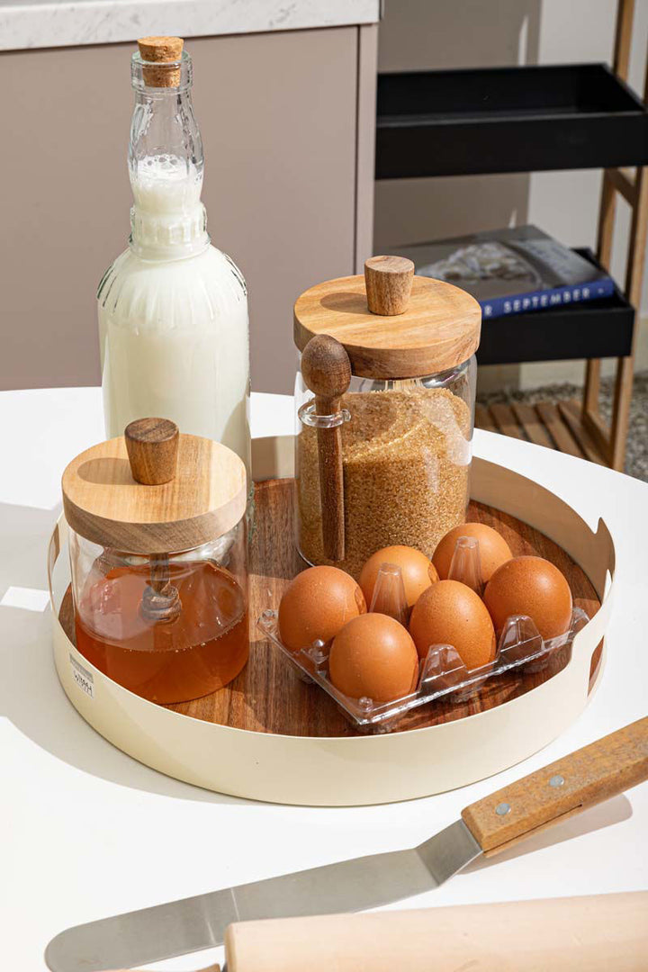 Δίσκος Σερβιρίσματος Με Εκρού Μεταλλικές Λαβές Μεταφοράς & Ξύλινη Επιφάνεια Estia 30X30X4cm