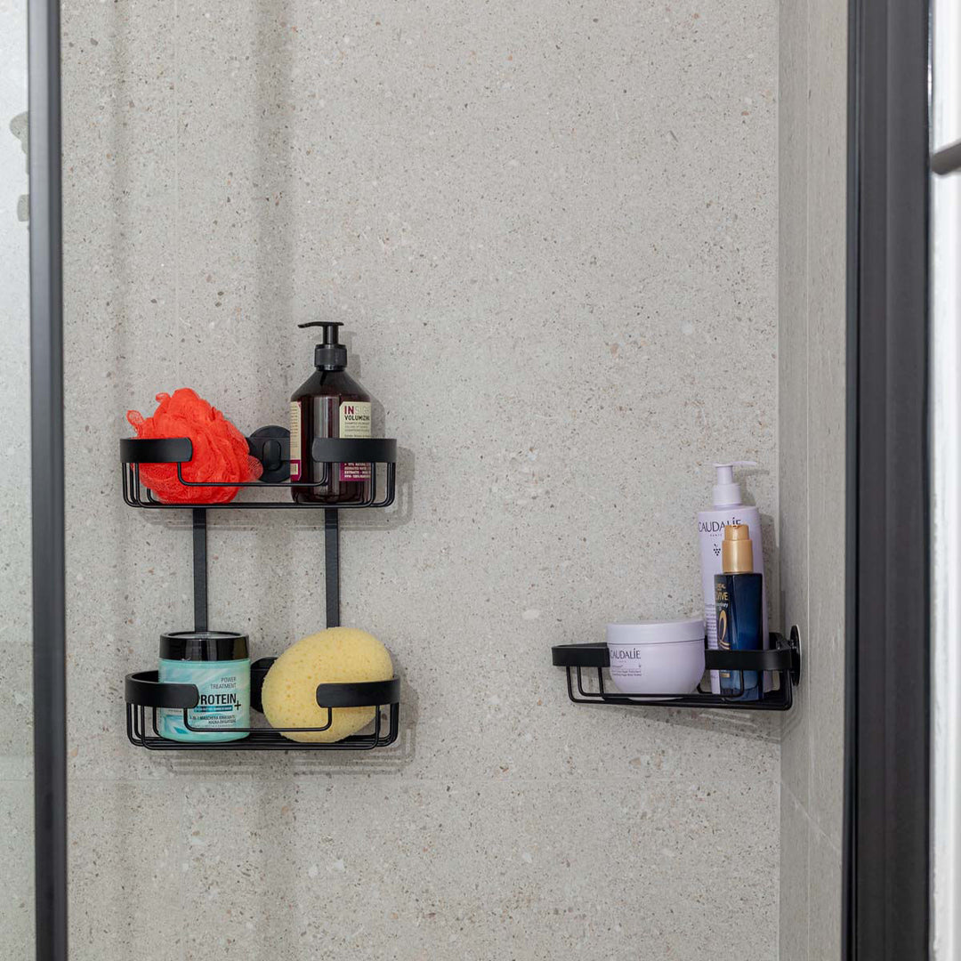 Ραφιέρα Μπάνιου Ίσια Με Αυτοκόλλητο Διπλής Όψης 2 Θέσεων Αλουμινίου Μαύρη 25x13x28.5cm Stance Estia