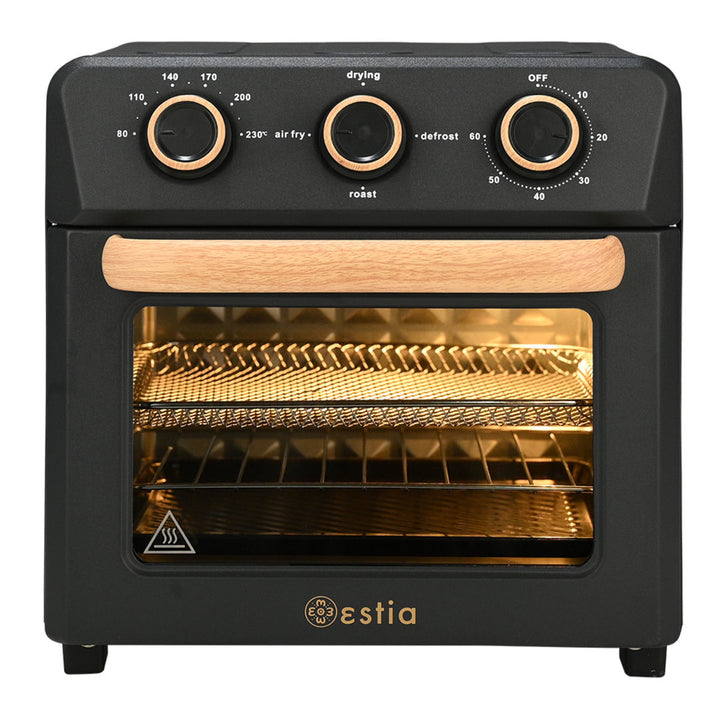 Μαύρη φριτέζα αέρος-φουρνάκι Air Fryer Oak Estia 12lt 1400W, με γυάλινη πόρτα, τρεις περιστροφικούς διακόπτες και λαβή με όψη ξύλου.