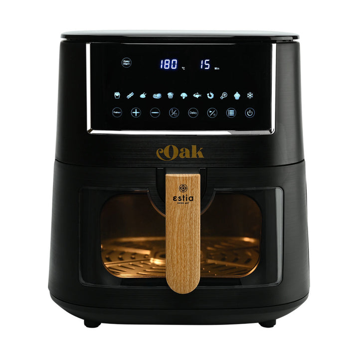Μαύρη φριτέζα αέρος Air Fryer Oak Estia 7,2lt 1650W, με ψηφιακή οθόνη αφής, γυάλινο παράθυρο και λαβή με όψη ξύλου.