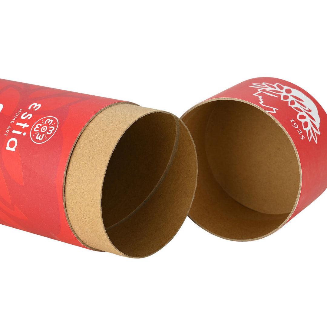 Ανοικτή συσκευασία του θερμός Travel Flask Estia σε κόκκινη απόχρωση, κατασκευασμένη από χαρτόνι.