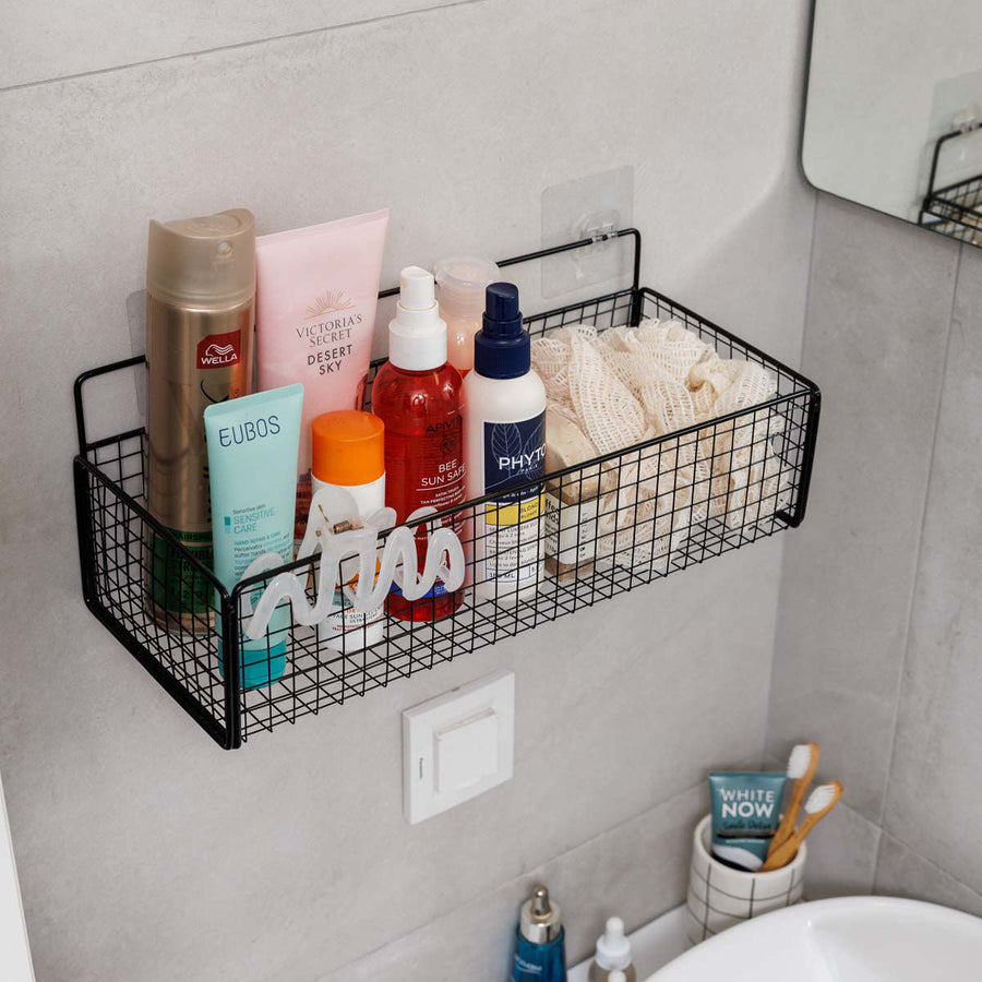 Καλάθι Αποθήκευσης & Οργάνωσης Κρεμαστό Μαύρο Μεταλλικό Με Αυτοκόλλητα Τοίχου 36x15x13cm Cage Estia