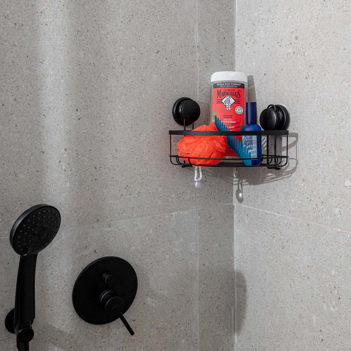 Ραφιέρα Μπάνιου Γωνιακή Με Βεντούζες Μεταλλική Μαύρη 20x20x17cm Estia