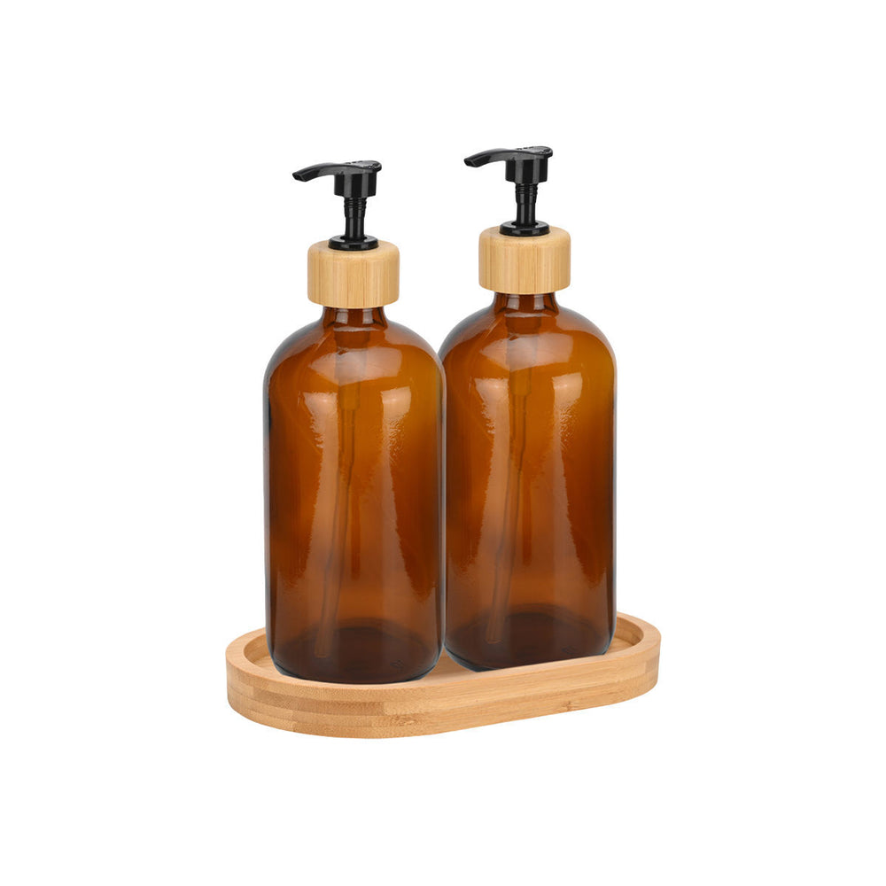 Αντλίες Σαπουνιού Bamboo Essentials Γυάλινες 500ml Σετ 3 Τεμαχίων Με Δίσκο Bamboo Estia