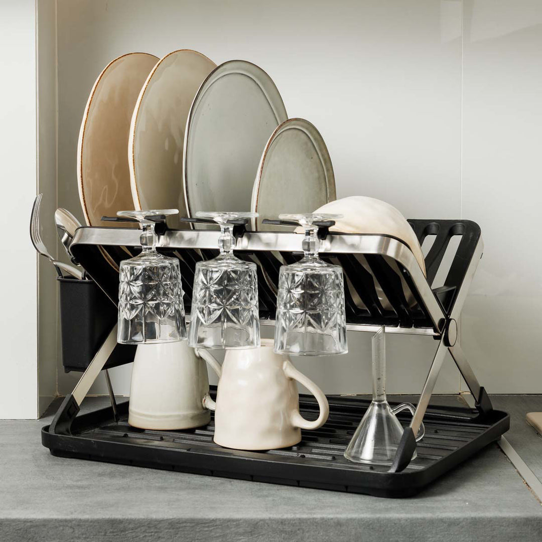 Πιατοθήκη Ανοξείδωτη Αναδιπλούμενη Μαύρη 2 Επιπέδων Με Θήκη Για Μαχαιροπίρουνα Estia 48X35.4X27.2cm