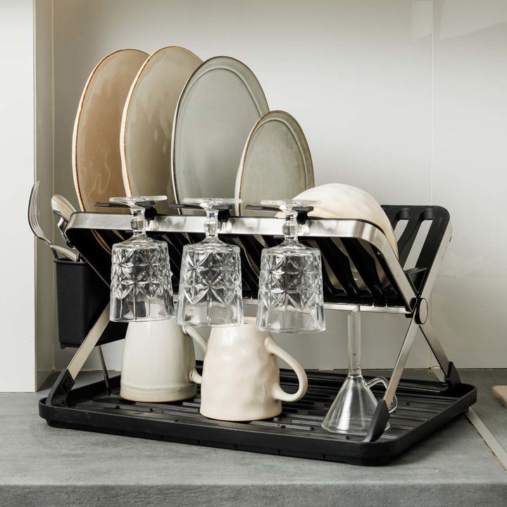 Πιατοθήκη Ανοξείδωτη Αναδιπλούμενη Μαύρη 2 Επιπέδων Με Θήκη Για Μαχαιροπίρουνα Estia 48X35.4X27.2cm