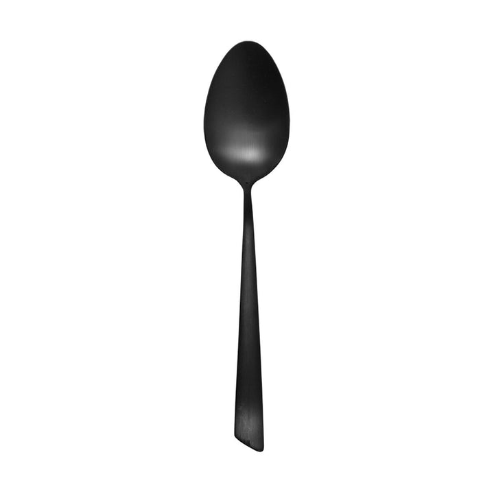 Κουτάλι φαγητού σε μαύρο ματ χρώμα από ανοξείδωτο ατσάλι, με μοντέρνα γραμμή και λιτό φόντο.