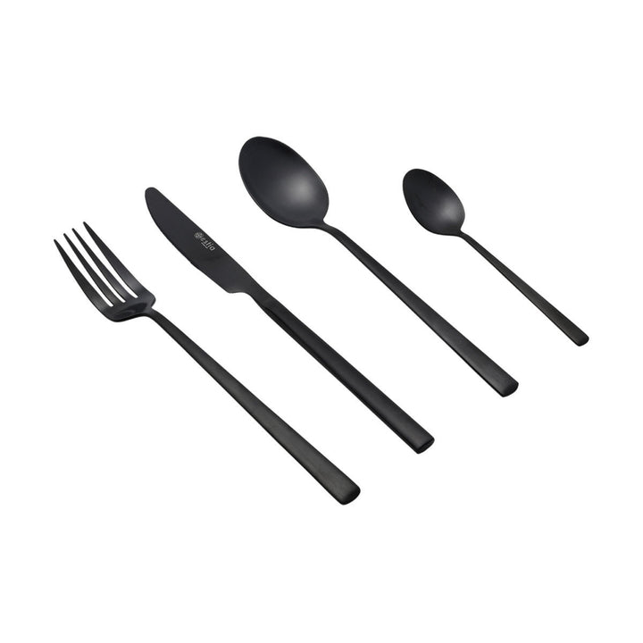 Σετ μαχαιροπίρουνα 24 τεμαχίων της σειράς Prestige Black από την Estia, σε ενιαία παρουσίαση με λευκό φόντο.