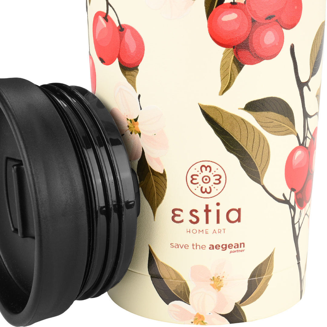 Κούπα ταξιδιού Estia με σχέδιο κεράσια και λουλούδια σε κρεμ φόντο, καπάκι μαύρο, φόντο ουδέτερο.