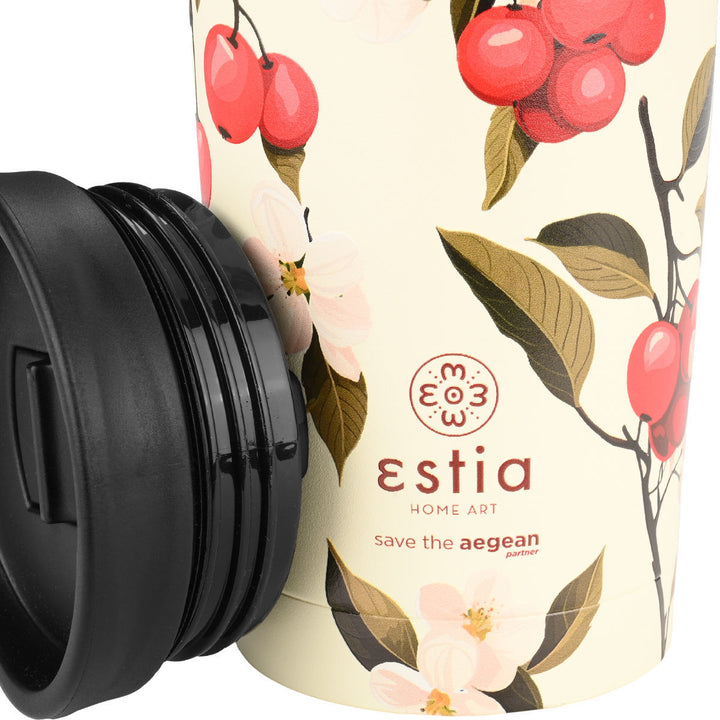 Κούπα ταξιδιού Estia με σχέδιο κεράσια και λουλούδια σε κρεμ φόντο, καπάκι μαύρο, φόντο ουδέτερο.