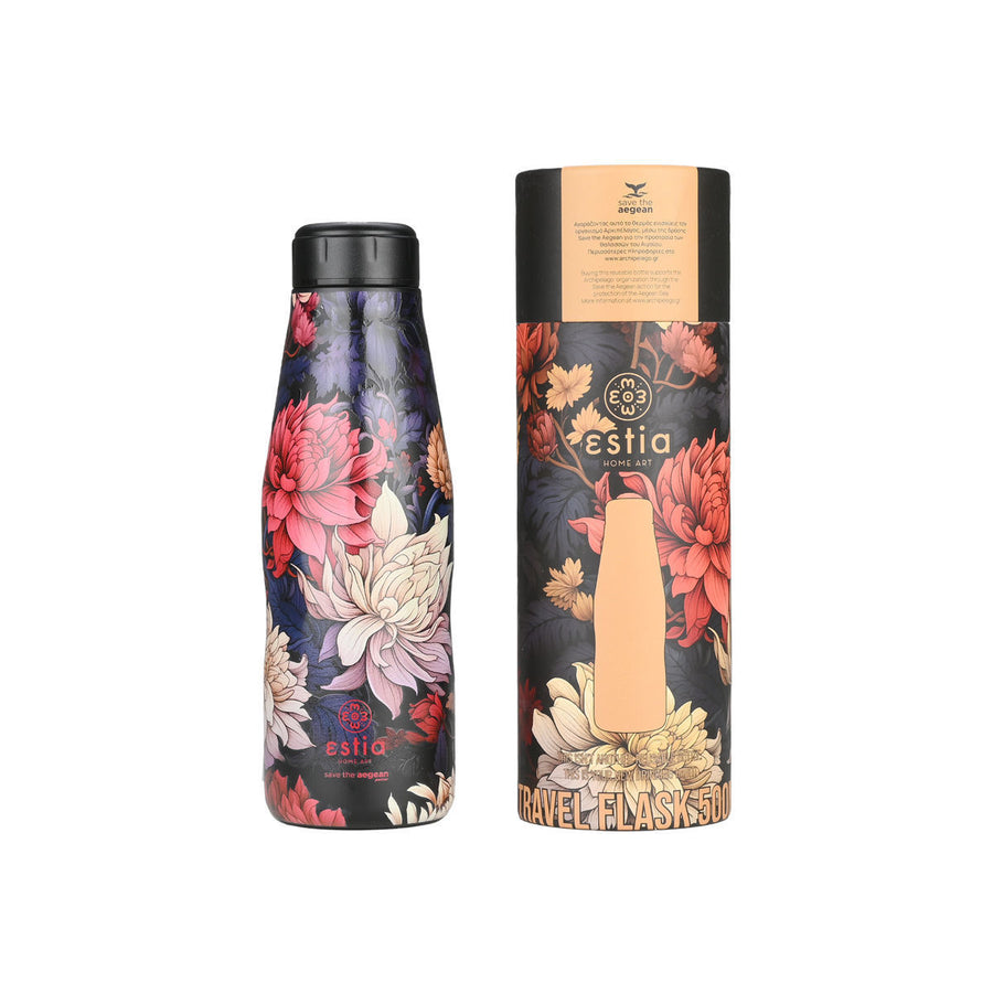 Estia Μπουκάλι Θερμός Save The Aegean 500ml Μαύρο Φλοράλ Midnight Blossom Travel Flask