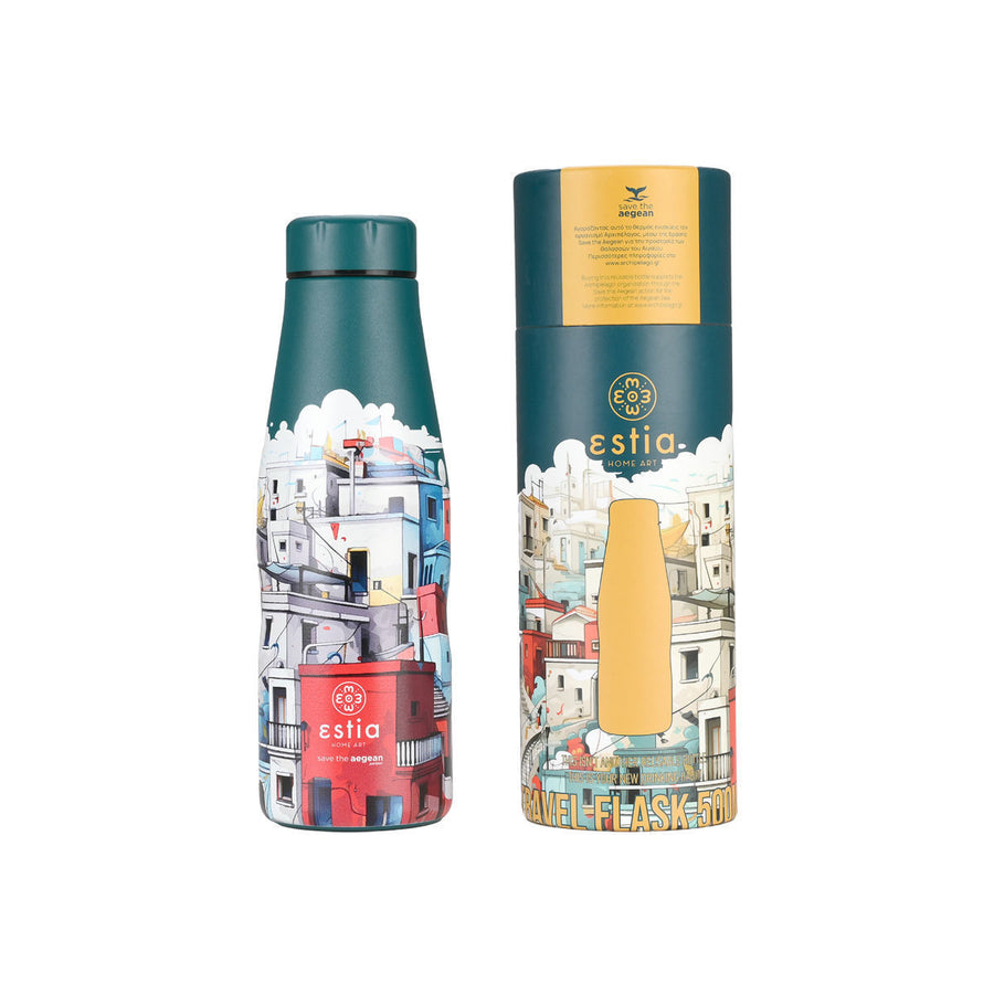 Estia Μπουκάλι Θερμός Save The Aegean 500ml Πετρόλ Με Σπίτια Urban Mythos Travel Flask