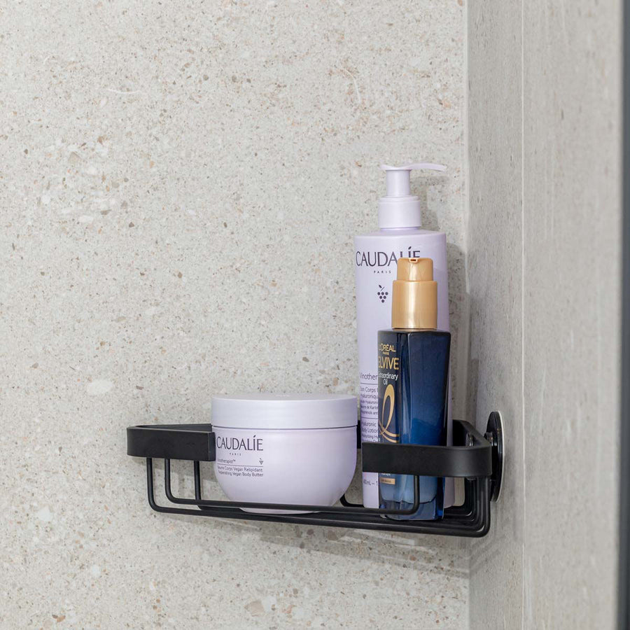 Ραφιέρα Μπάνιου Γωνιακή Με Αυτοκόλλητο Διπλής Όψης Αλουμινίου Μαύρη 25x17x6.5cm Stance Estia