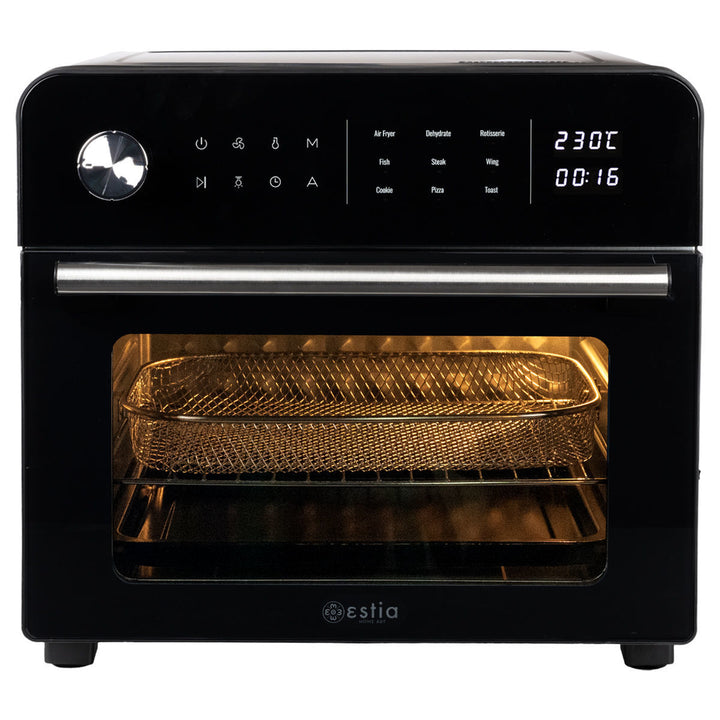 Φριτέζα αέρος-φουρνάκι Air Fryer Titan Chef Estia 23lt 1700W σε μαύρο χρώμα, με ψηφιακή οθόνη αφής, γυάλινη πόρτα και καλάθι ψησίματος.