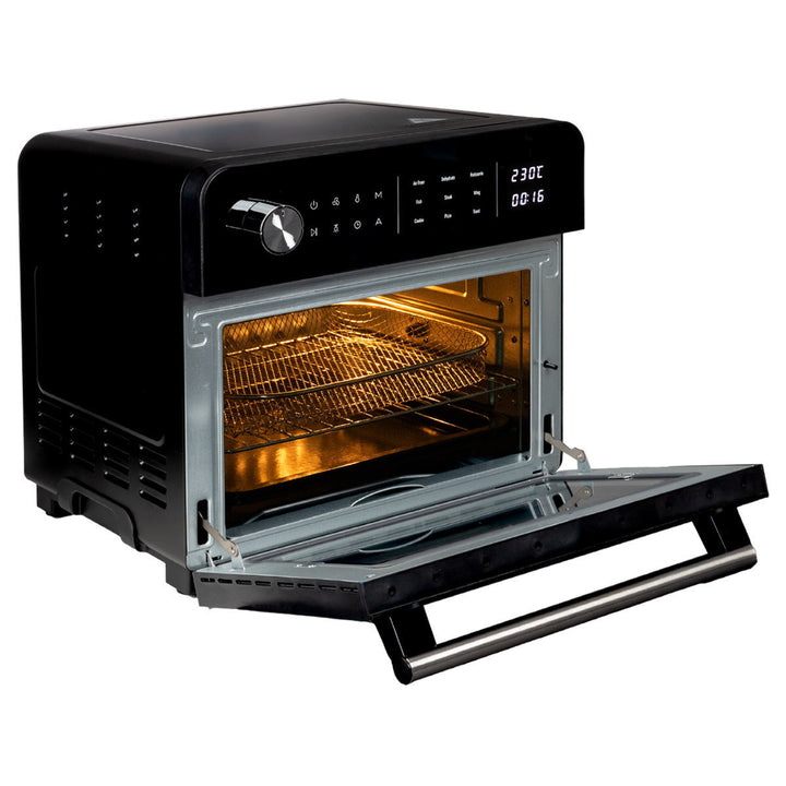 Φριτέζα αέρος-φουρνάκι Titan Chef Estia 23lt με ανοιχτή γυάλινη πόρτα, εσωτερικό φωτισμό και μεταλλικό καλάθι ψησίματος.