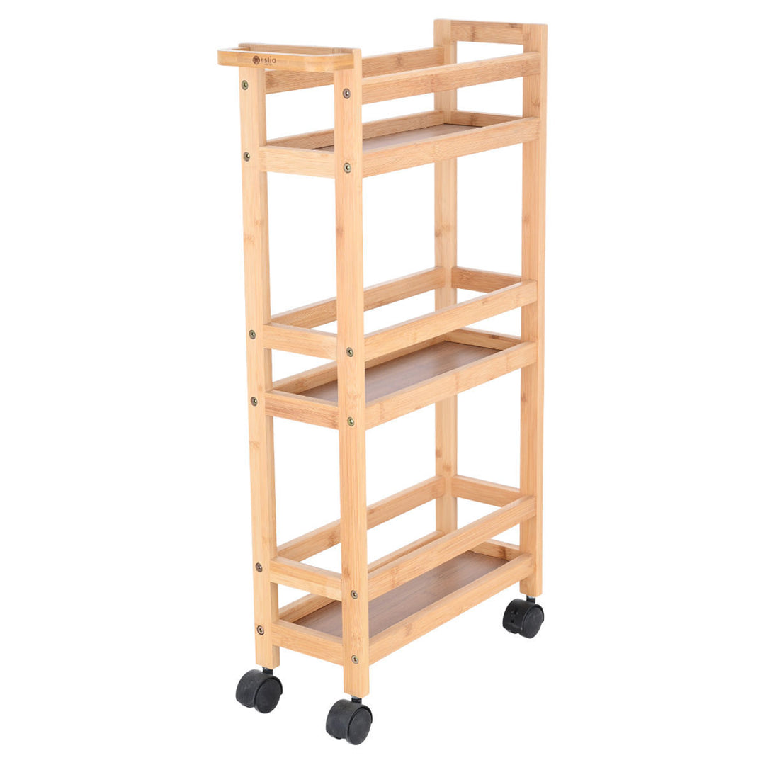 Ξύλινο τρόλεϊ οργάνωσης Estia Bamboo Essentials με τρία επίπεδα και ροδάκια σε λευκό φόντο.