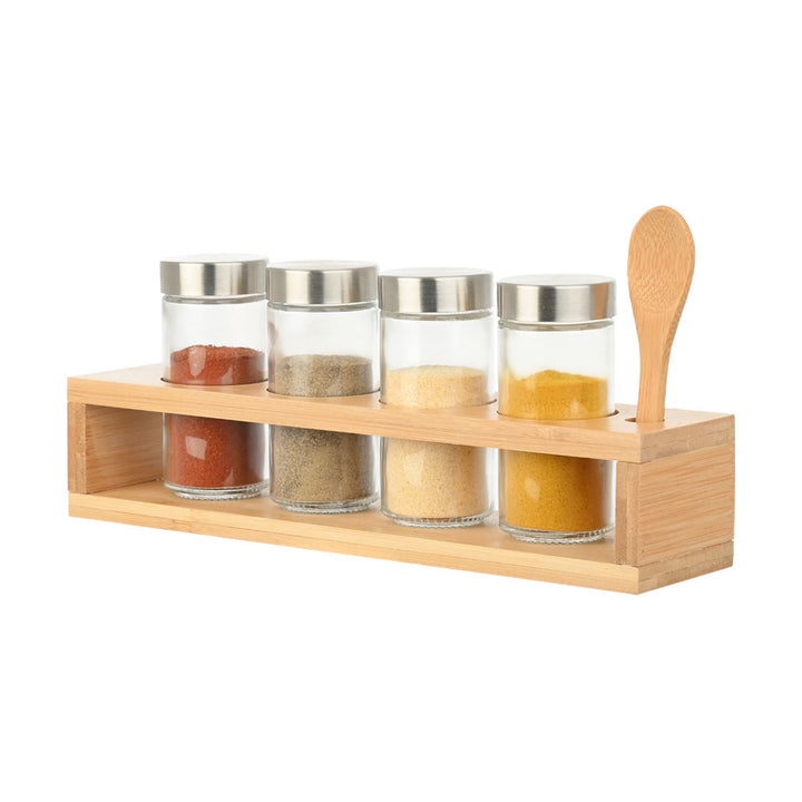 Δοχεία Μπαχαρικών Γυάλινα Σετ 4τμχ Με Βάση Ξύλινη Και Κουτάλι Bamboo Essentials Estia