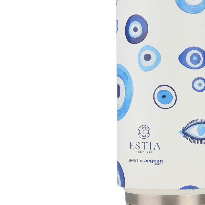 Estia Ποτήρι Θερμός Με Καλαμάκι Save The Aegean 500ml Μπλε-Λευκό Με Σχέδιο Μάτια Spirit of Luck Travel Cup