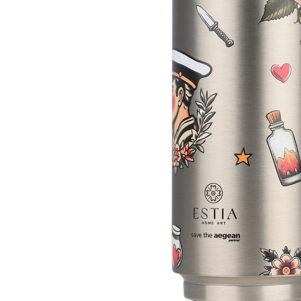 Estia Ποτήρι Θερμός Με Καλαμάκι Save The Aegean 500ml Μεταλλικό Old School Ink Travel Cup