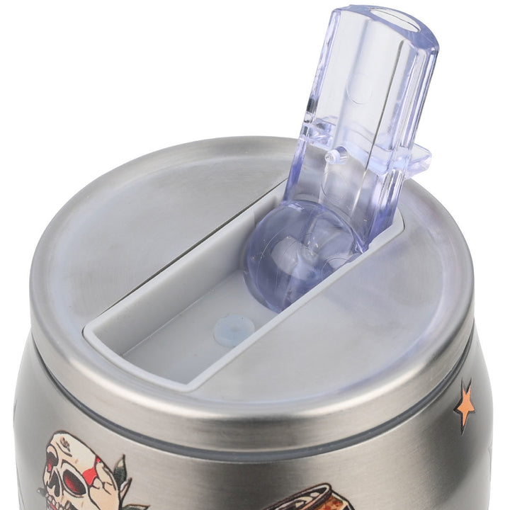 Πάνω μέρος του θερμού ποτηριού Estia Old School Ink με μεταλλικό καπάκι και διάφανο στόμιο, σε καθαρό φως.