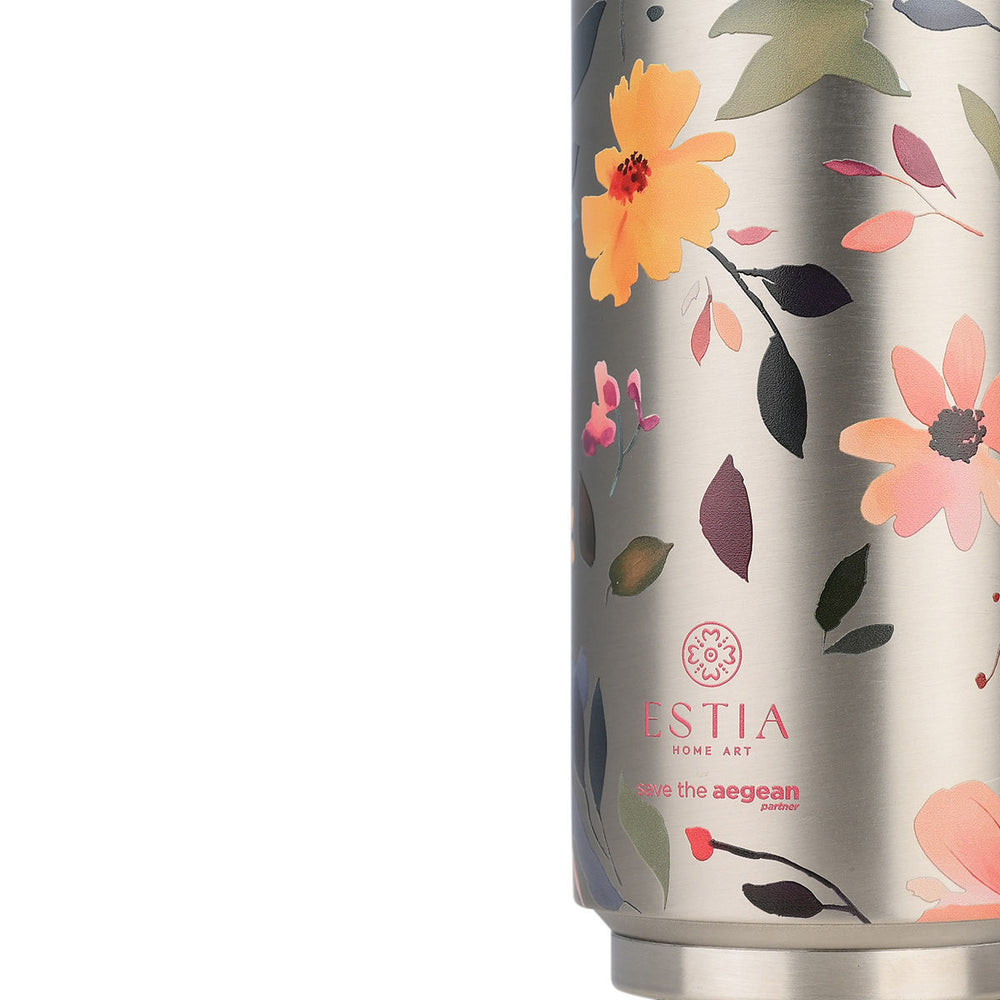 Estia Ποτήρι Θερμός Με Καλαμάκι Save The Aegean 500ml Μεταλλικό Φλοράλ Silver Botanic Travel Cup