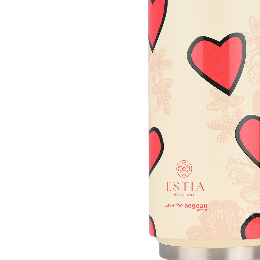 Estia Ποτήρι Θερμός Με Καλαμάκι Save The Aegean 500ml Εκρού Με Καρδιές Tender Lace